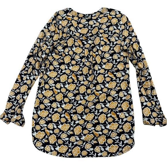 Old Navy Blouse Top Womens Small Black Gold Floral Print Boho Tunic Split V Neck - Picture 6 of 6